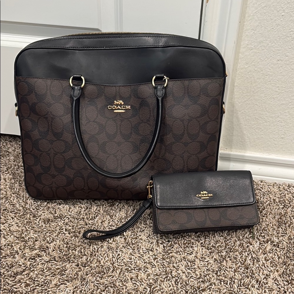 Coach Black and Brown Laptop Bags with Signature Design